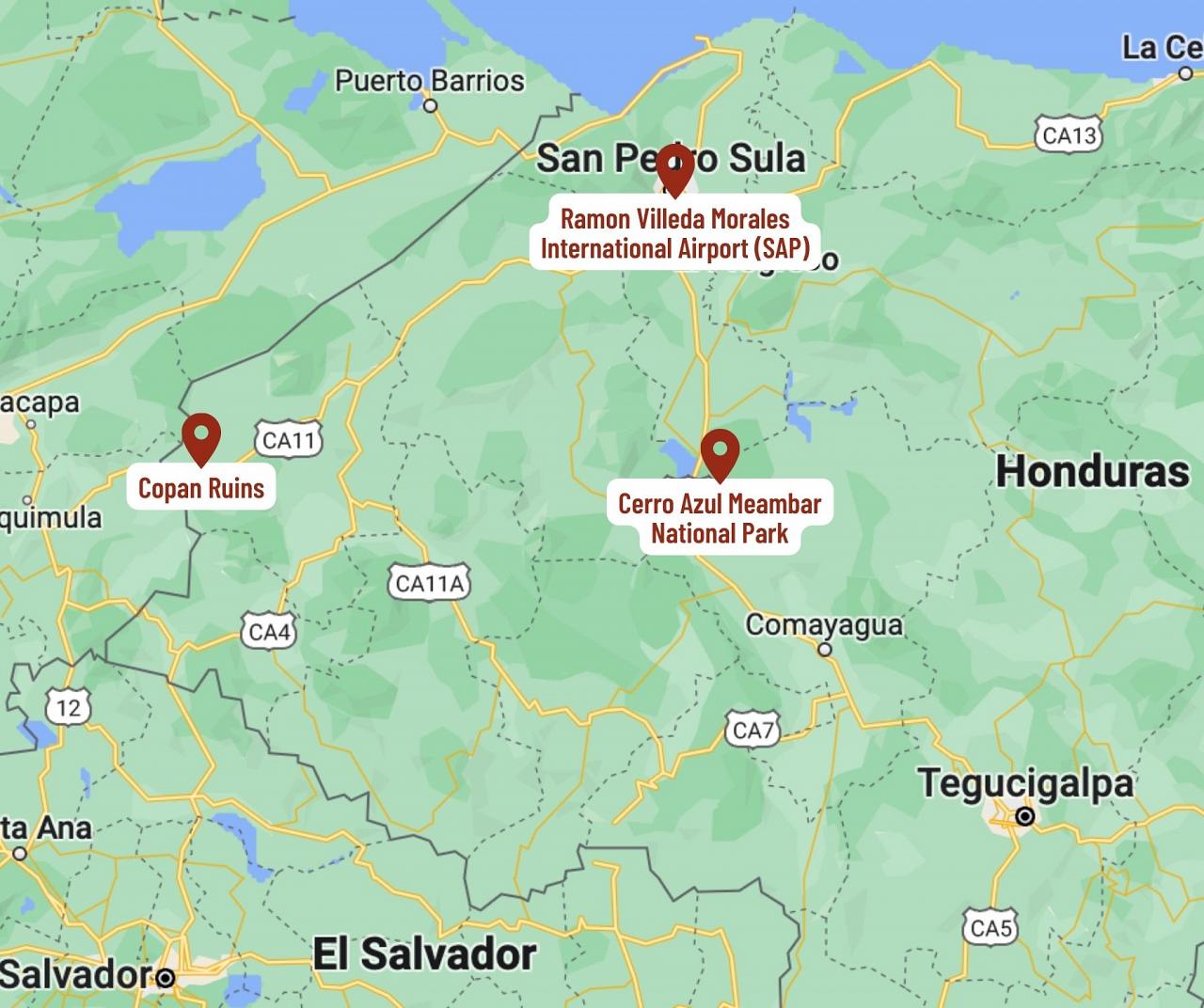 Map for Honduras: Stellar Birding & Maya Ruins
