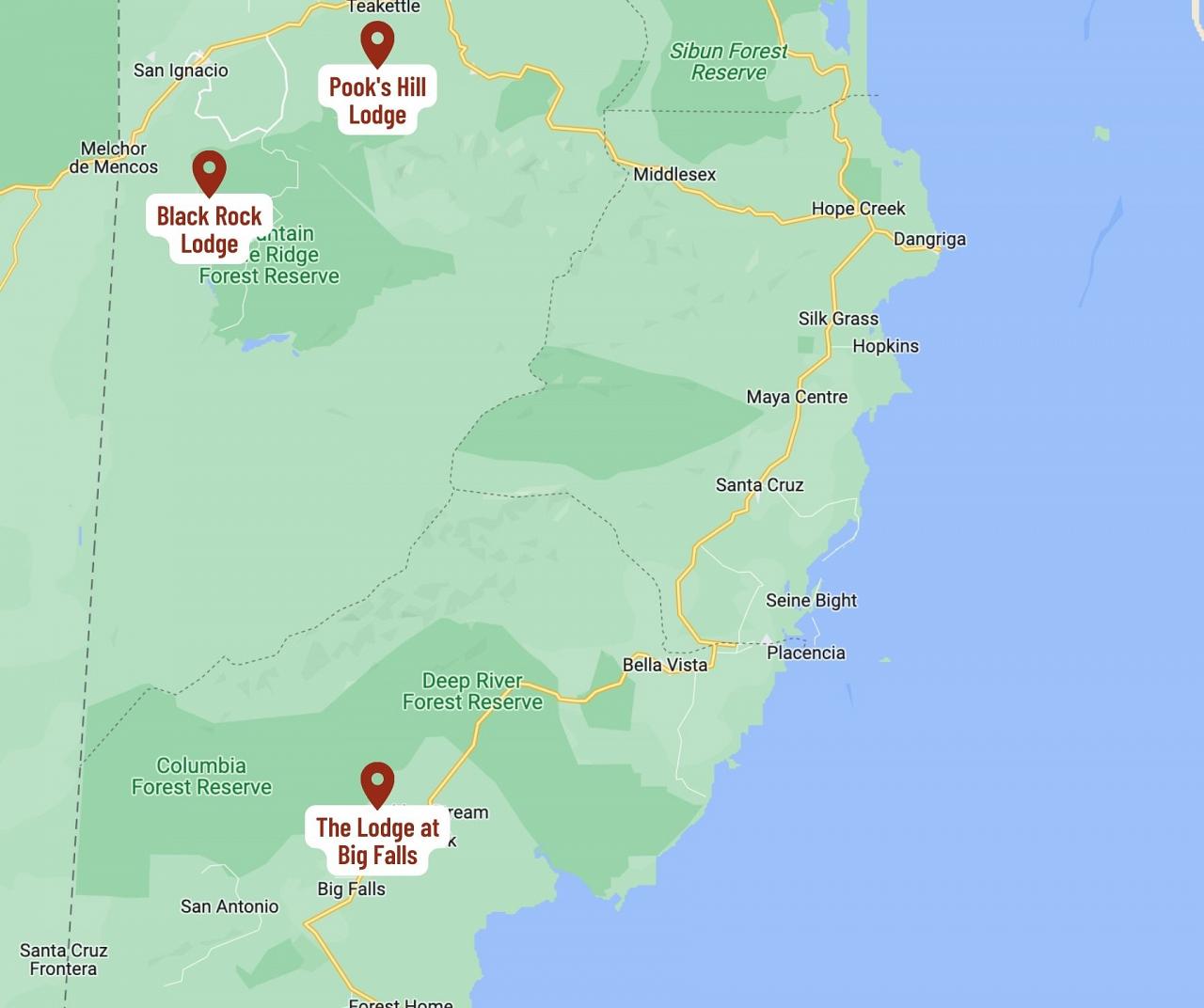 Map for Belize: Three Great Lodges