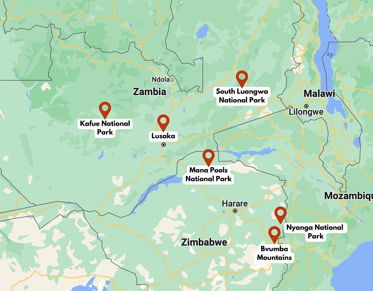 Map for Crossing the Zambezi: A Zambia & Zimbabwe Safari