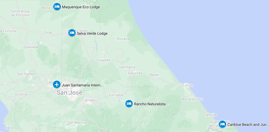 Map for Costa Rica's Caribbean Side