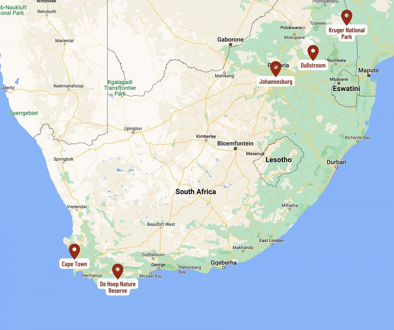 Map for South Africa: Birding & Wildlife Safari