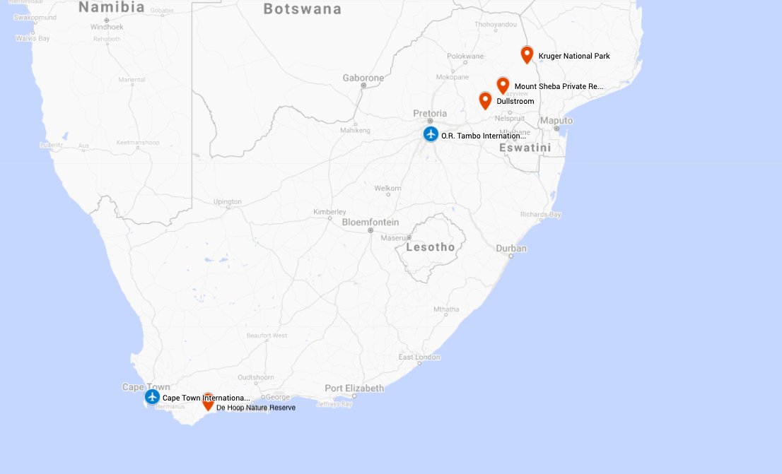Map for South Africa: Birding & Wildlife Safari