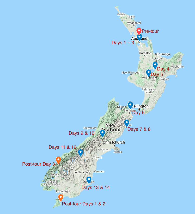 Map for New Zealand Birding & Nature Tour