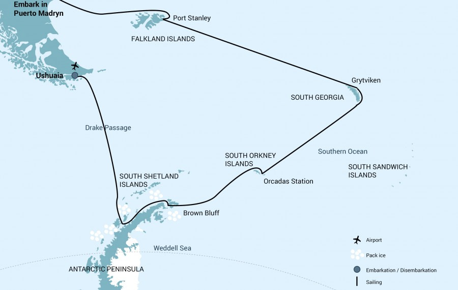 Map for The Falkland Islands, South Georgia & Antarctica
