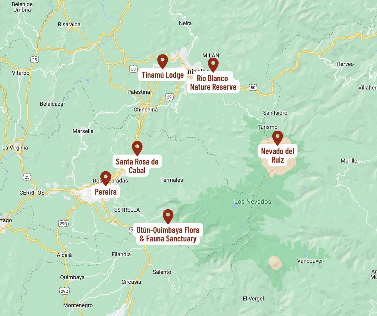 Map for Colombia: Birds & Nature in the Coffee Region