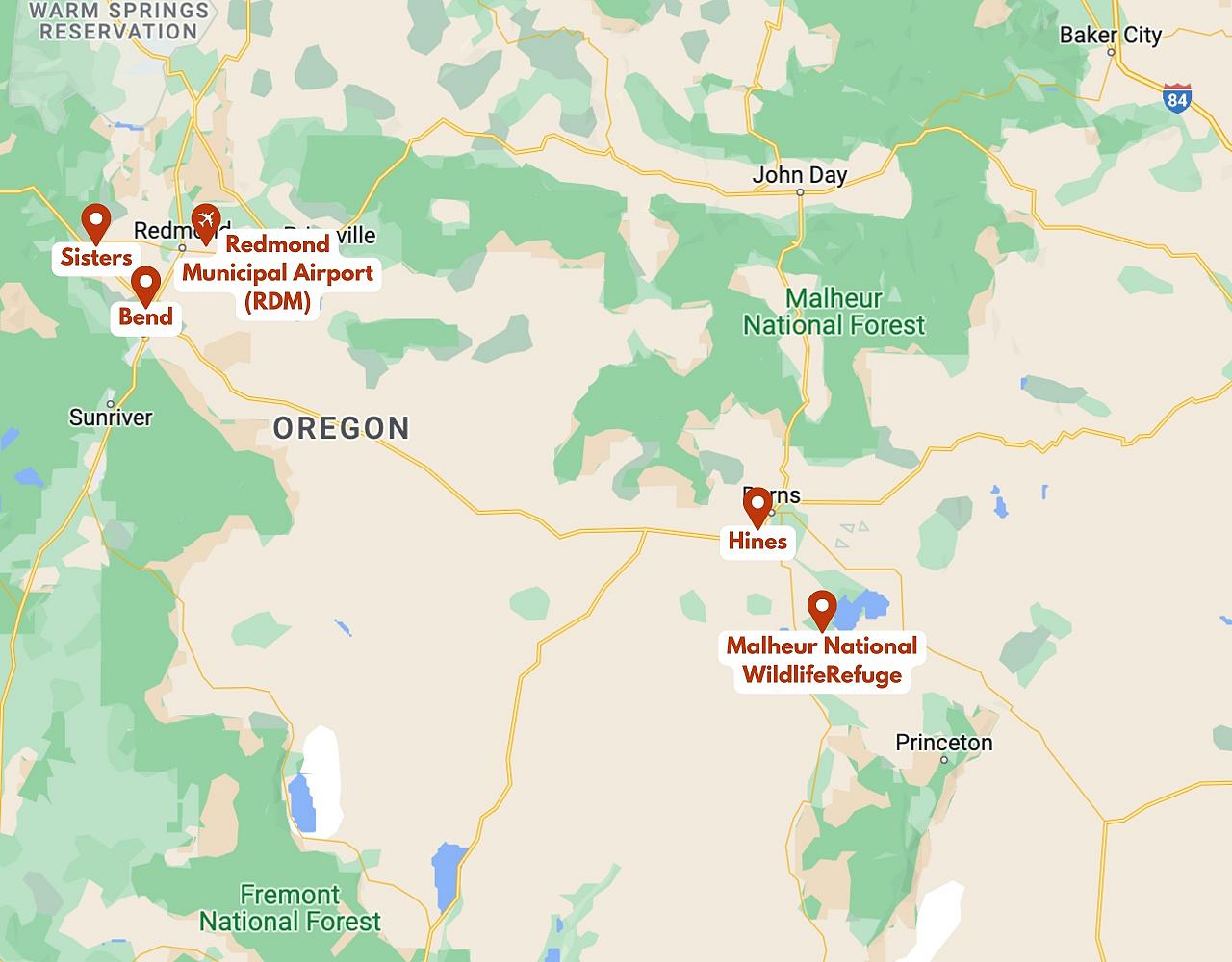 Map for Oregon's Malheur NWR & Woodpecker Wonderland