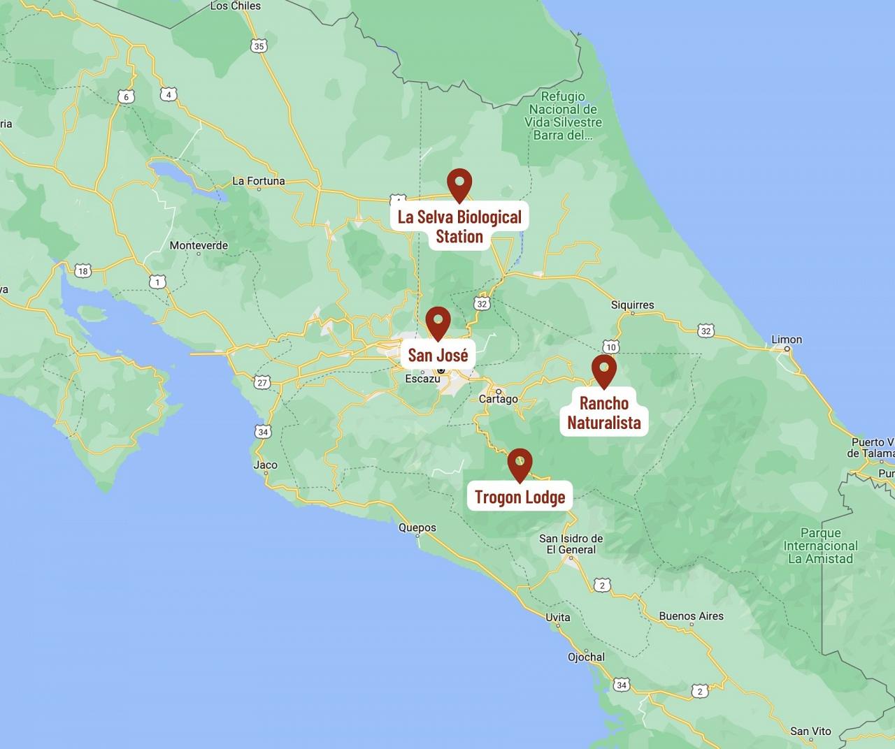 Map for Costa Rica Birding & Nature